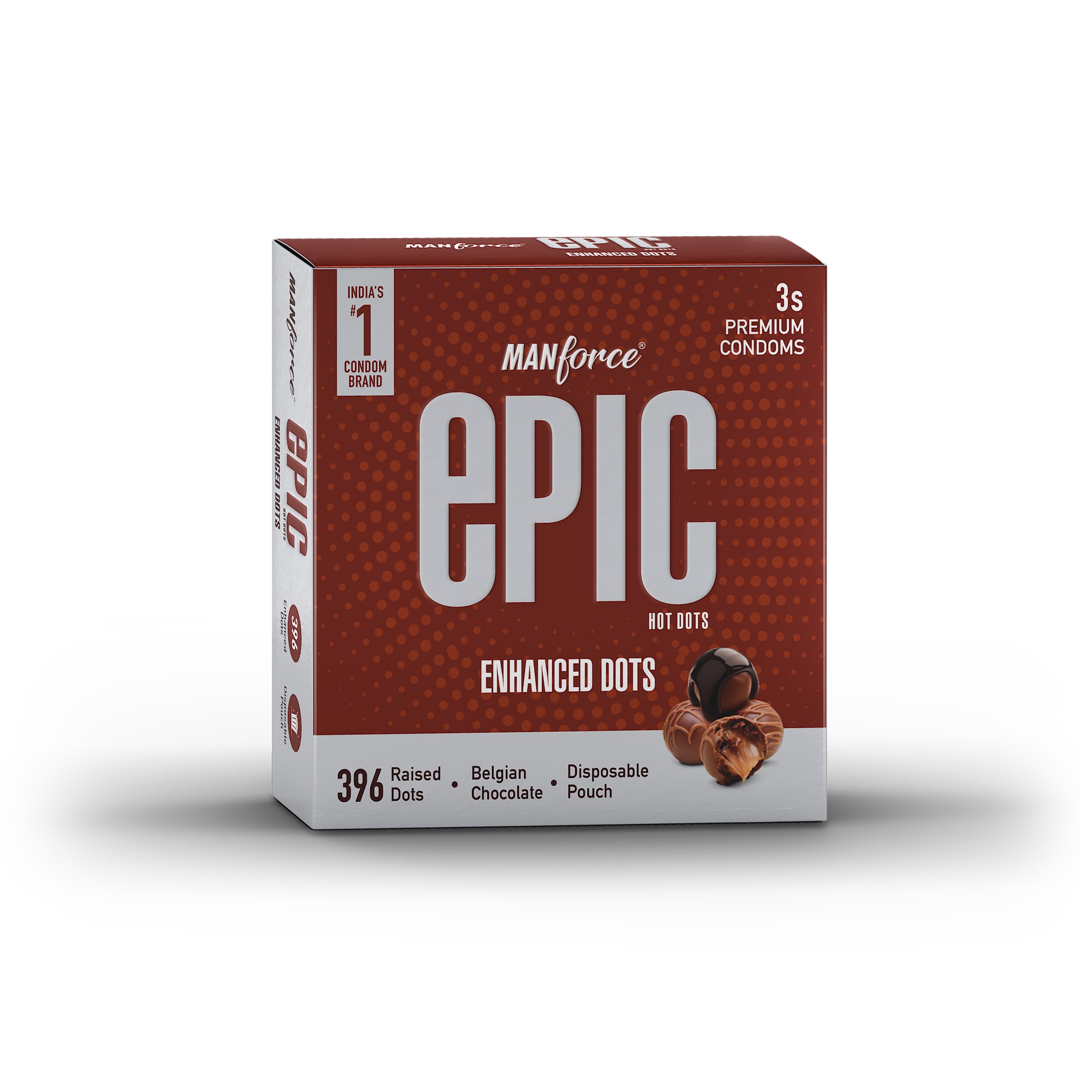Manforce Epic Hot Dots Enhanced Dotted Premium Condom For Men, With 396 Raised Dots, Belgian Chocolate Flavour, Disposable Pouch (3 Counts)