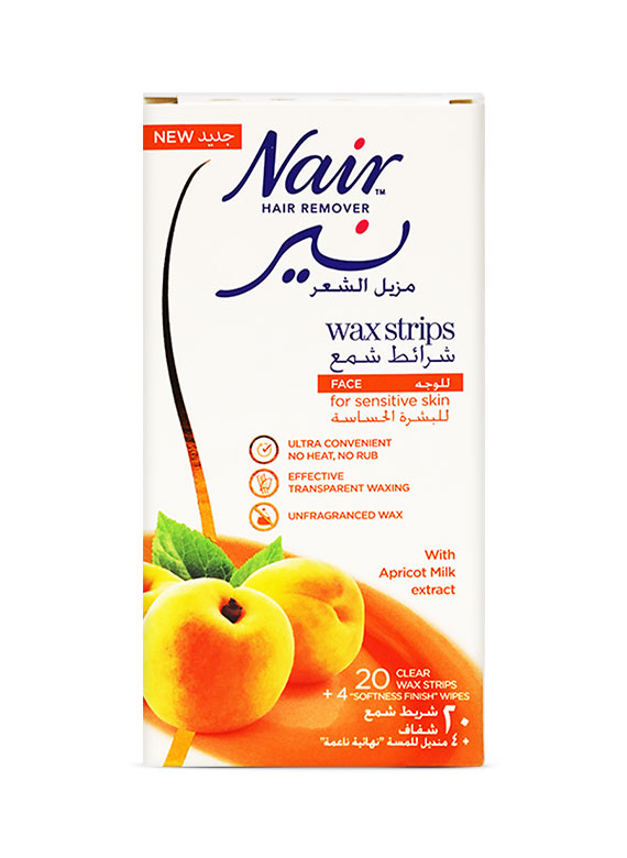 Nair Apricot milk extract Face hair removal Wax Strips, 20 Clear wax stripes with 4 softness finish wipes