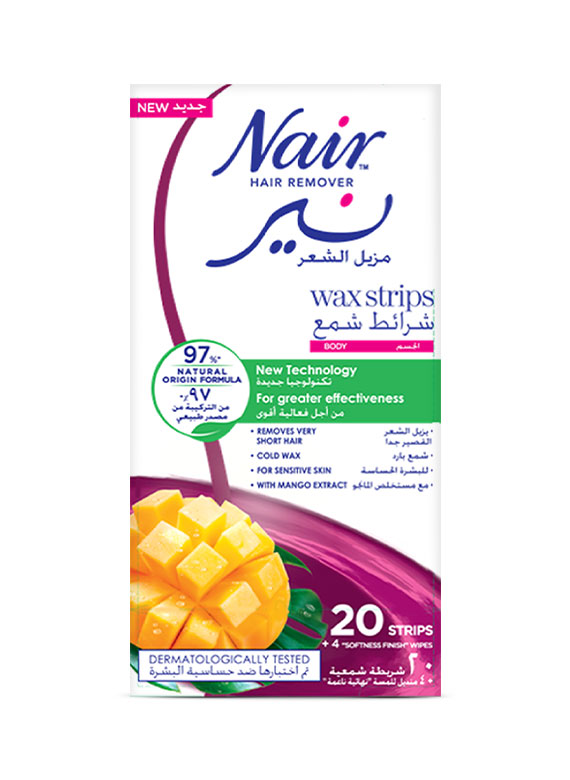Nair Mango Body hair removal Wax Strips, 20 wax stripes with 4 softness finish wipes