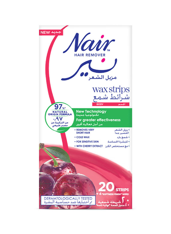 Nair Cherry Body hair removal Wax Strips, 20 wax stripes with 4 softness finish wipes