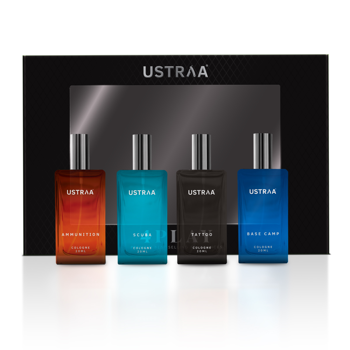 Ustraa Cologne Miniature Gift Pack – 20ml Each: Tattoo, Basecamp, Scuba, Ammunition