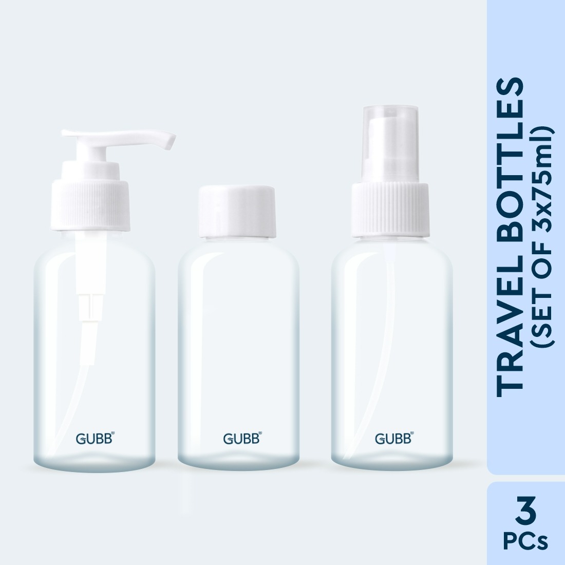 GUBB Travel Bottle Set | Travel Bottles For Toiletries | Refillable Bottles With Pump, Spray & Cap