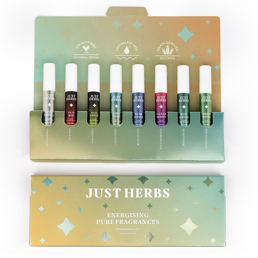Just Herbs Energising Pure Fragrances Fresh & Woody Set Of 8 Edp