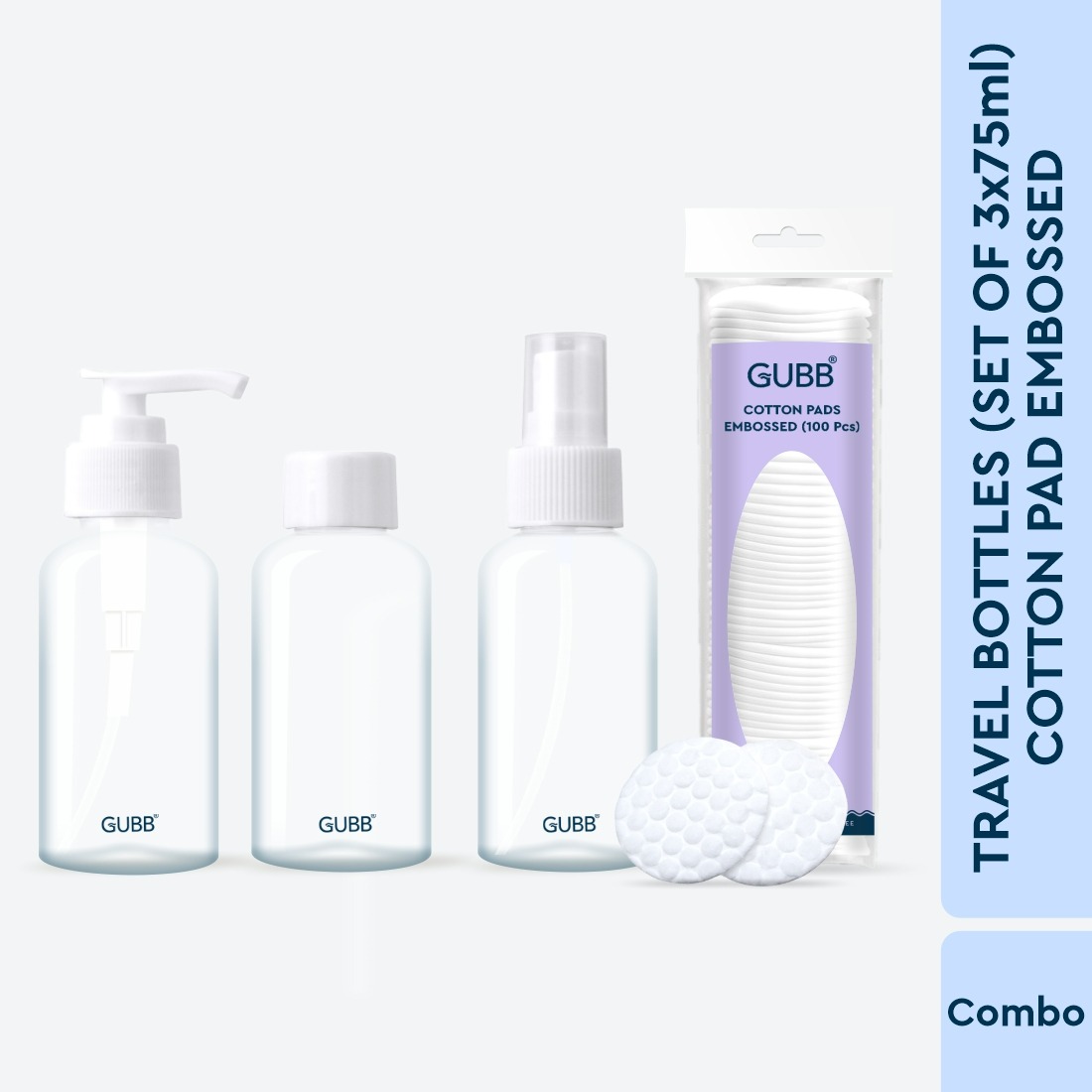 GUBB Travel Bottle Set & Cotton Pads For Face Cleansing Non Woven | Empty Containers Bottle for Shower Gel, Liquid Soap,Toiletries - Pack of 4