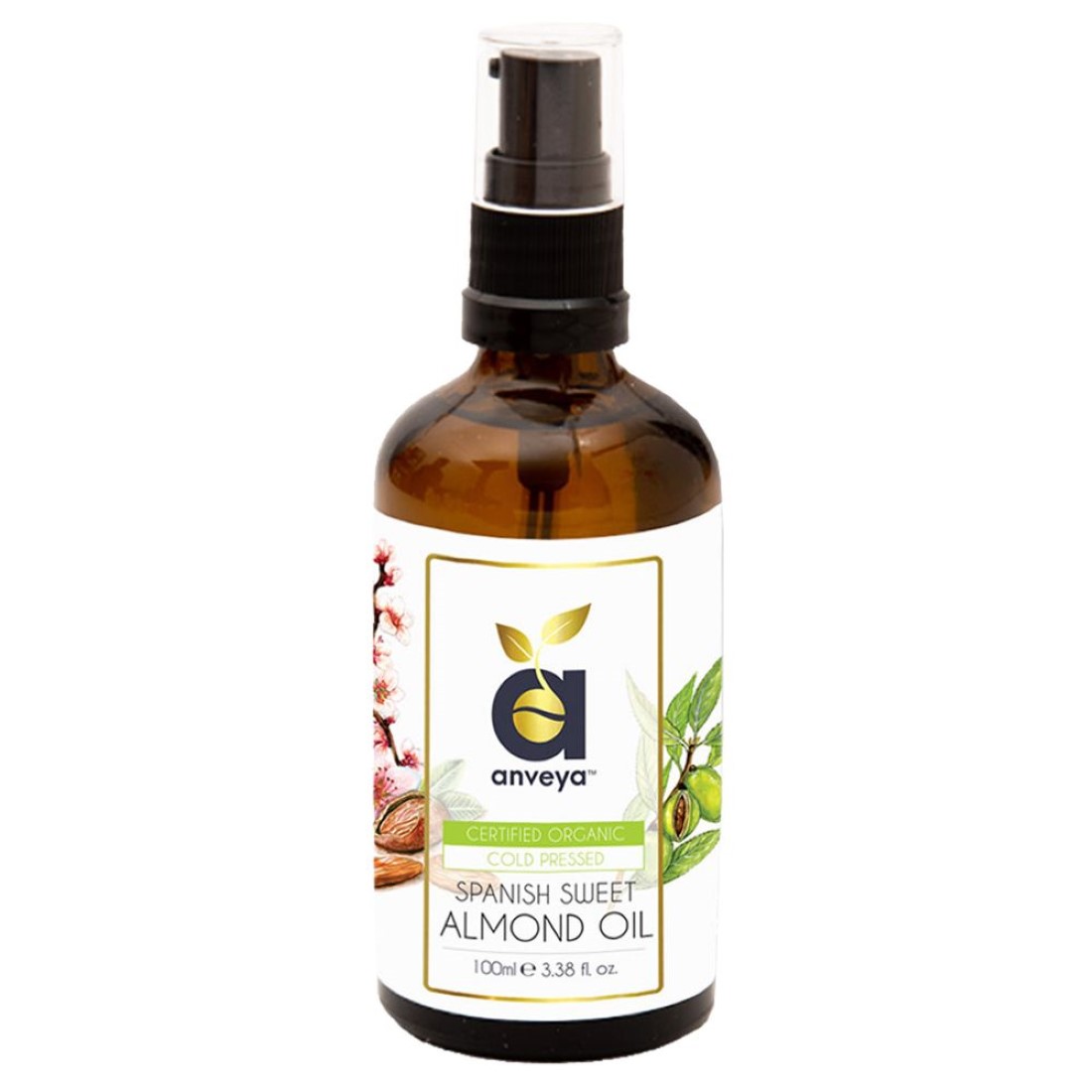 Anveya Spanish Sweet Almond Oil- Cold-Pressed Organic (100ml)