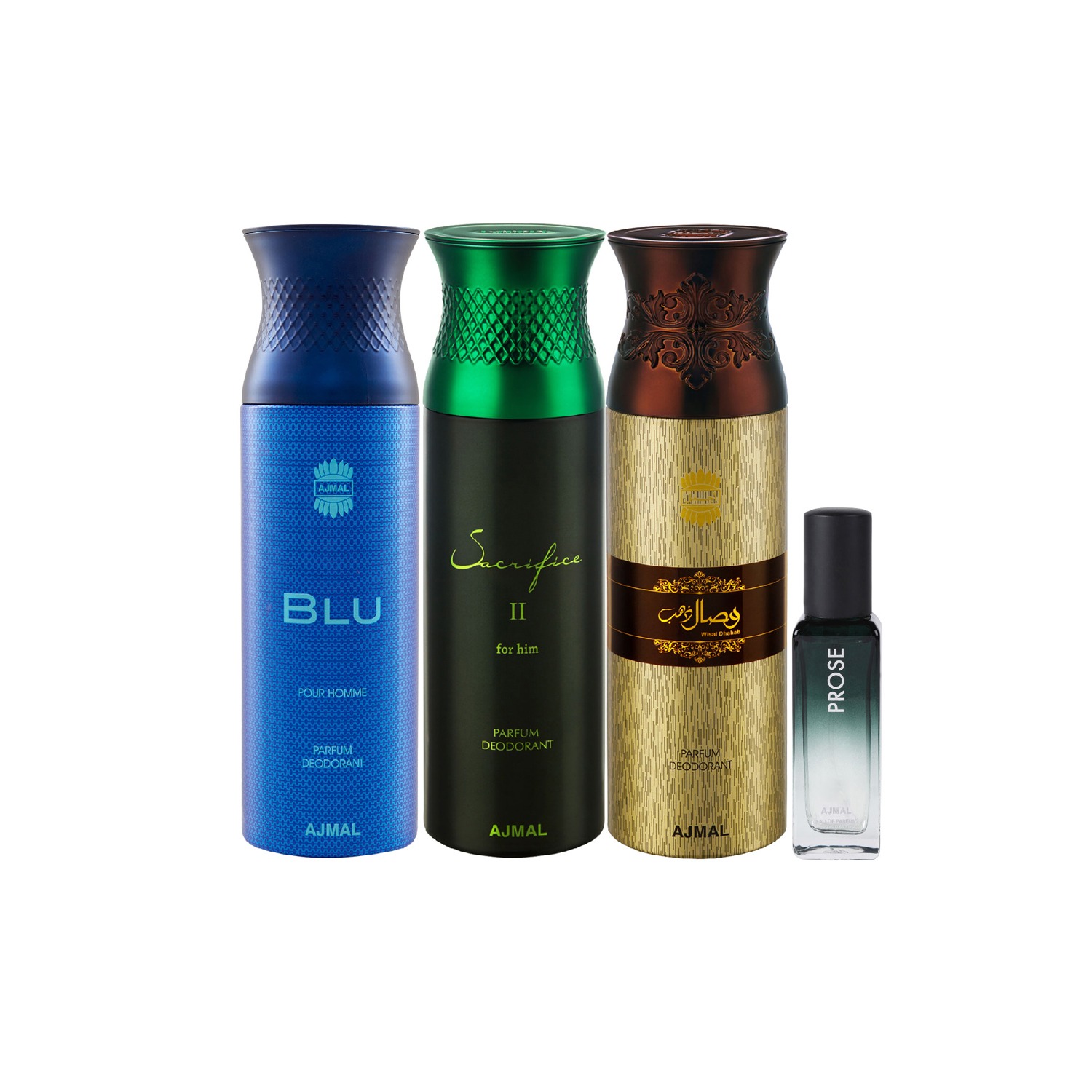 Ajmal Blu & Sacrifice II & Wisal Dahab Deo each 200ML & Prose EDP 20ML Pack of 4 (Total 620ML) for Men & Women