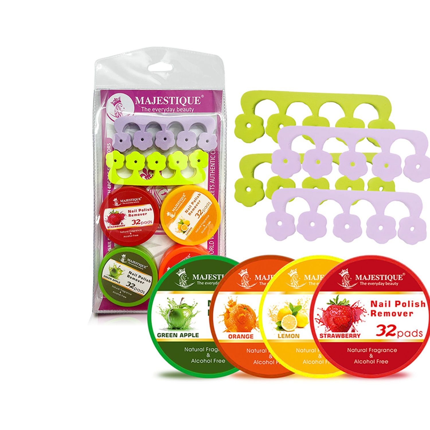 Majestique Nail Polish Remover & Toe Separator Set, Complete Nail Care Package Pack of 8 - Color May Vary