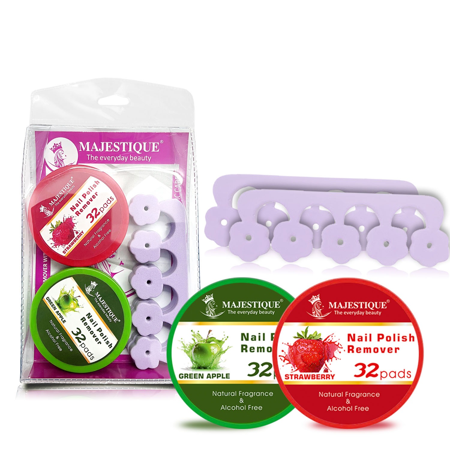 Majestique Nail Polish Remover & Toe Separator Set, Complete Nail Care Package Pack of 4 - Color May Vary