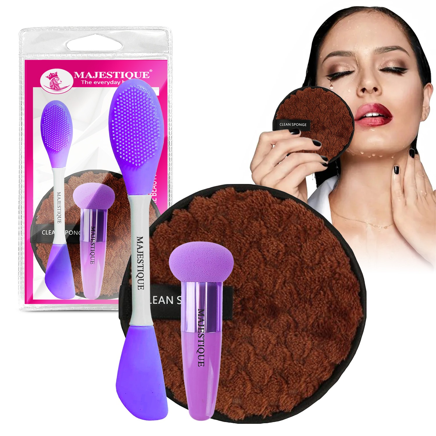Majestique Reusable Multi-functional Set - Face Cleansing Pad, Mushroom Blender and Facial Applicator - 3Pcs/Multicolor