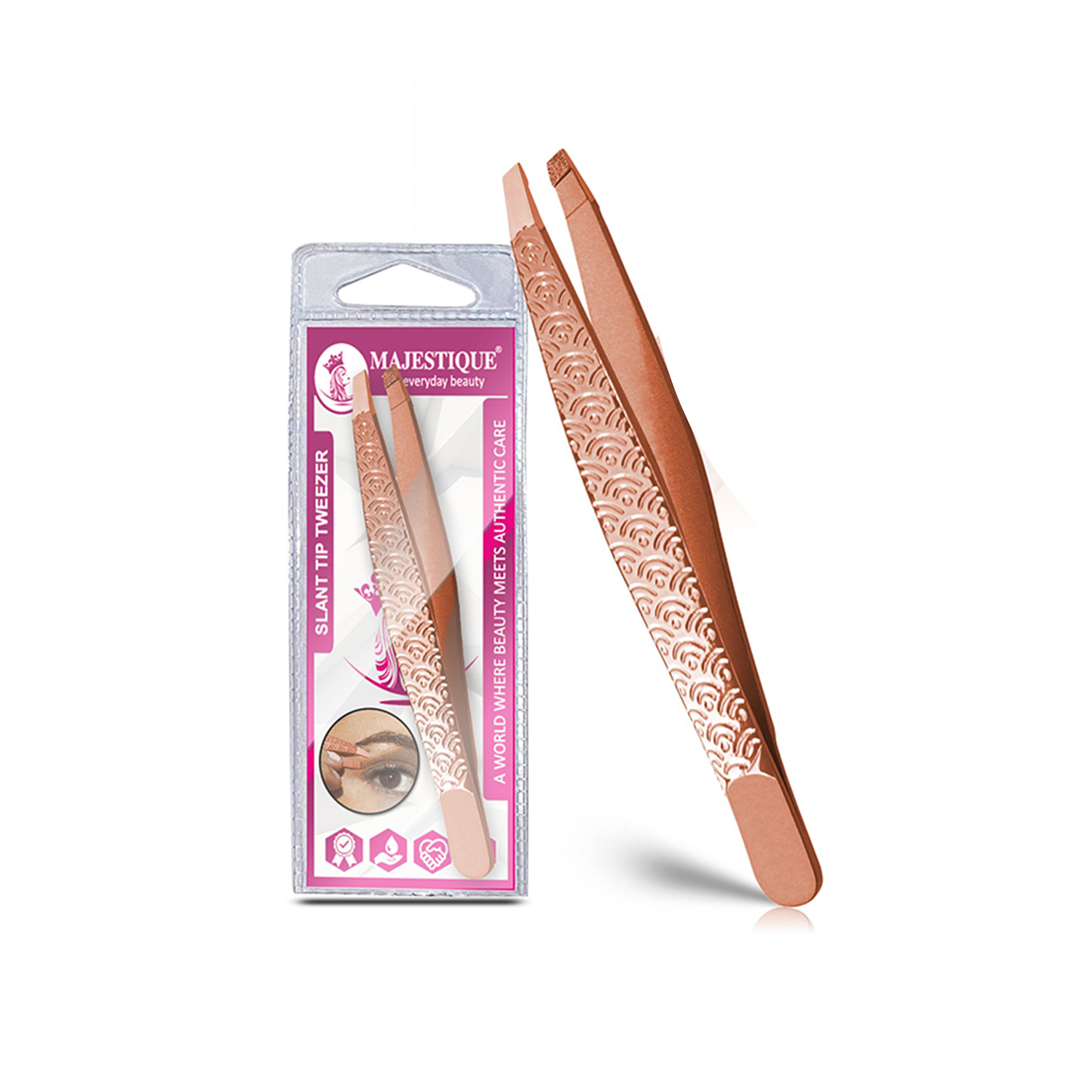 Majestique Slant Tip Tweezer, 3D Touch Stainless Steel Eyebrow Plucker for Threading & Facial Hair - 1Pc/Gold
