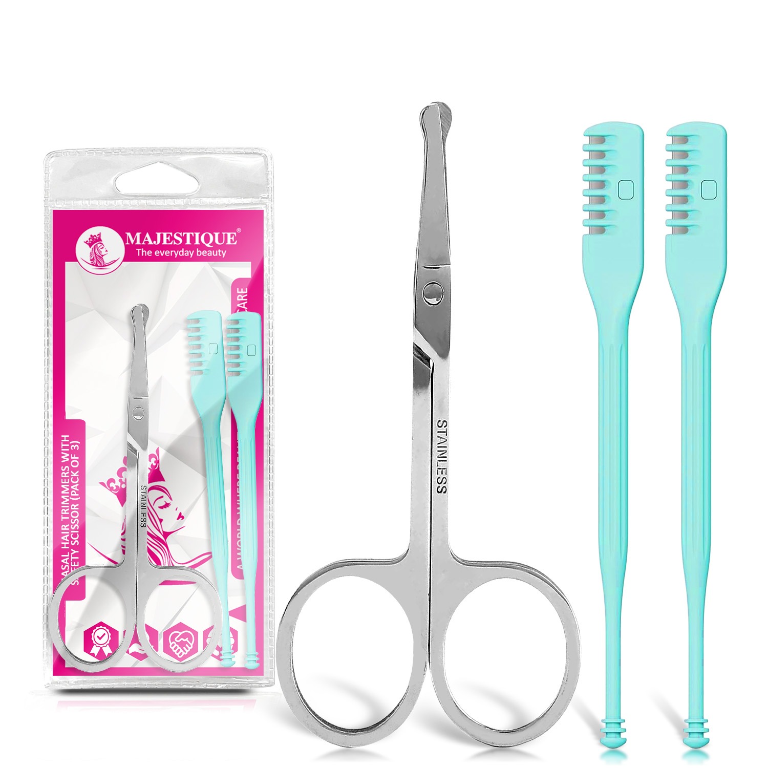 Majestique Nasal Hair Trimmers With Safety Scissor | Mini Portable Nose Hair Remover | Nose and Ears Grooming Kits - 3Pcs/Multicolor