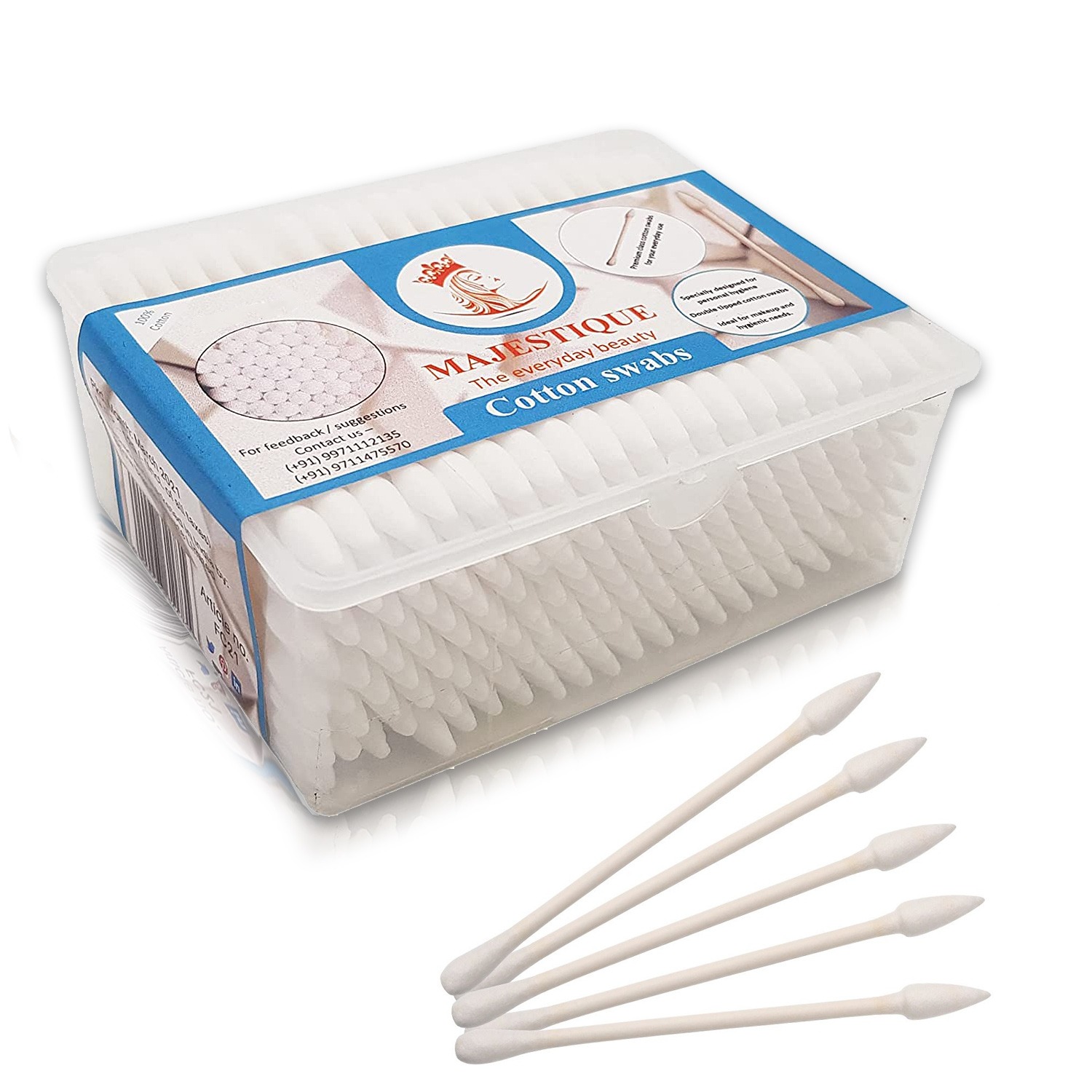 Majestique 2 Shape Paper Cotton Swabs Sticks FC21 Soft, Gentle on Face, Ear Cleaning, 200 Sticks
