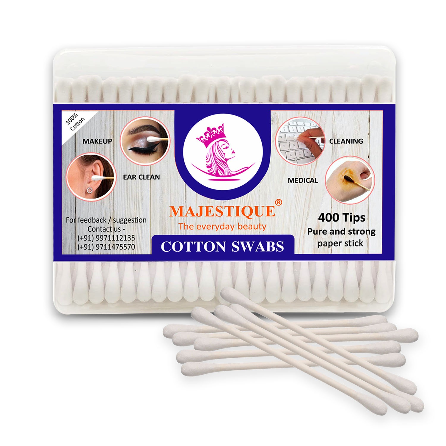 Majestique 200Pcs Paper Cotton Swabs FC70 Cruelty-Free Cotton Swabs, Gentle on Face, Ear Cleaning, Makeup, and Beauty Applicator