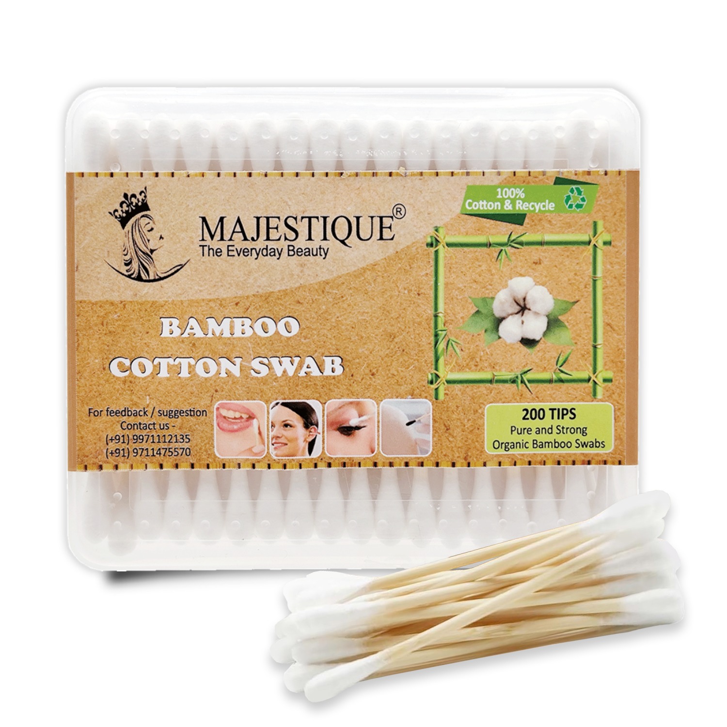 Majestique Bamboo Cotton Swabs, Eco Friendly Ear Cleaning Buds 100pcs