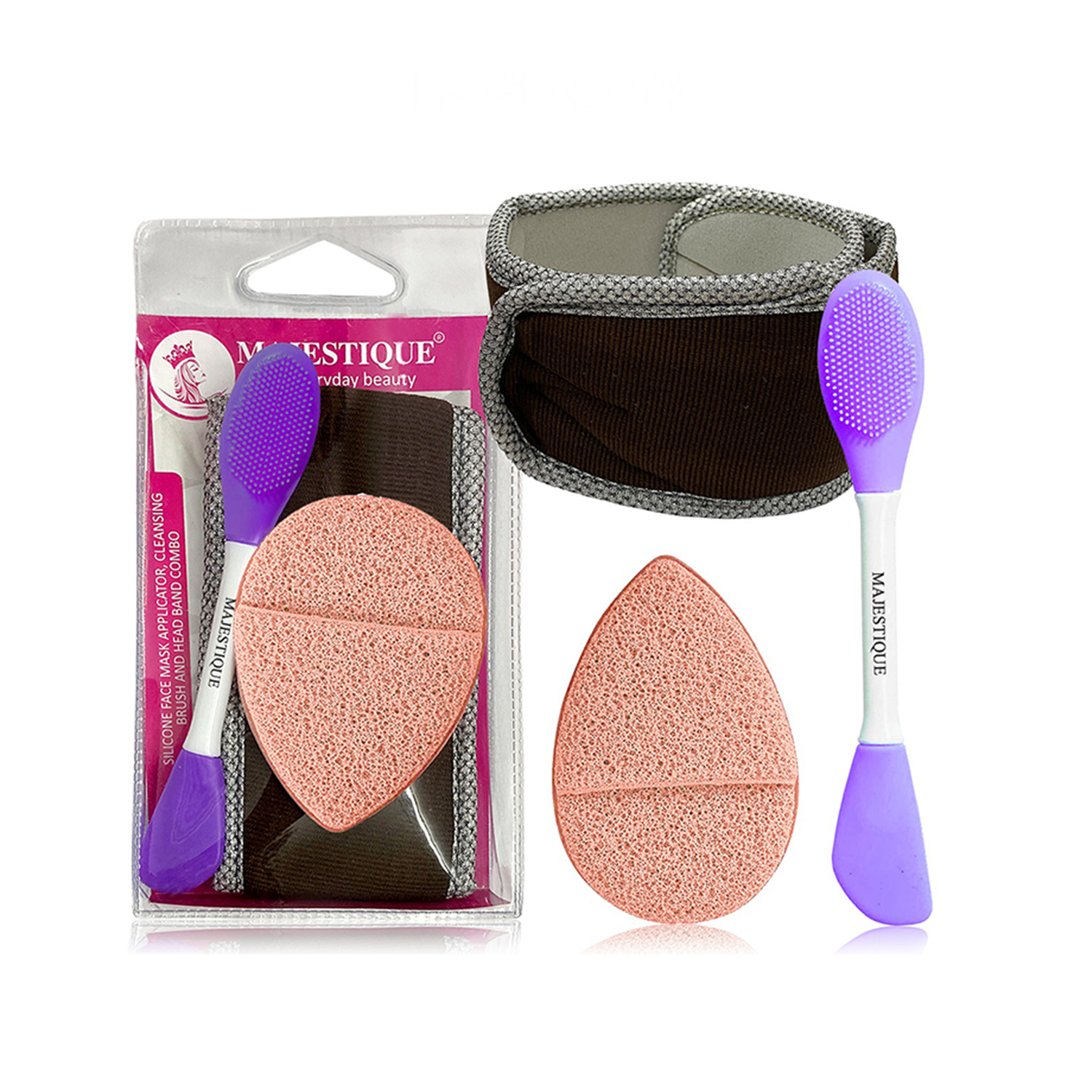 Majestique Facial Head Band, Dual Sided Silicone Brush with Makeup Remover Sponge - Color May Vary