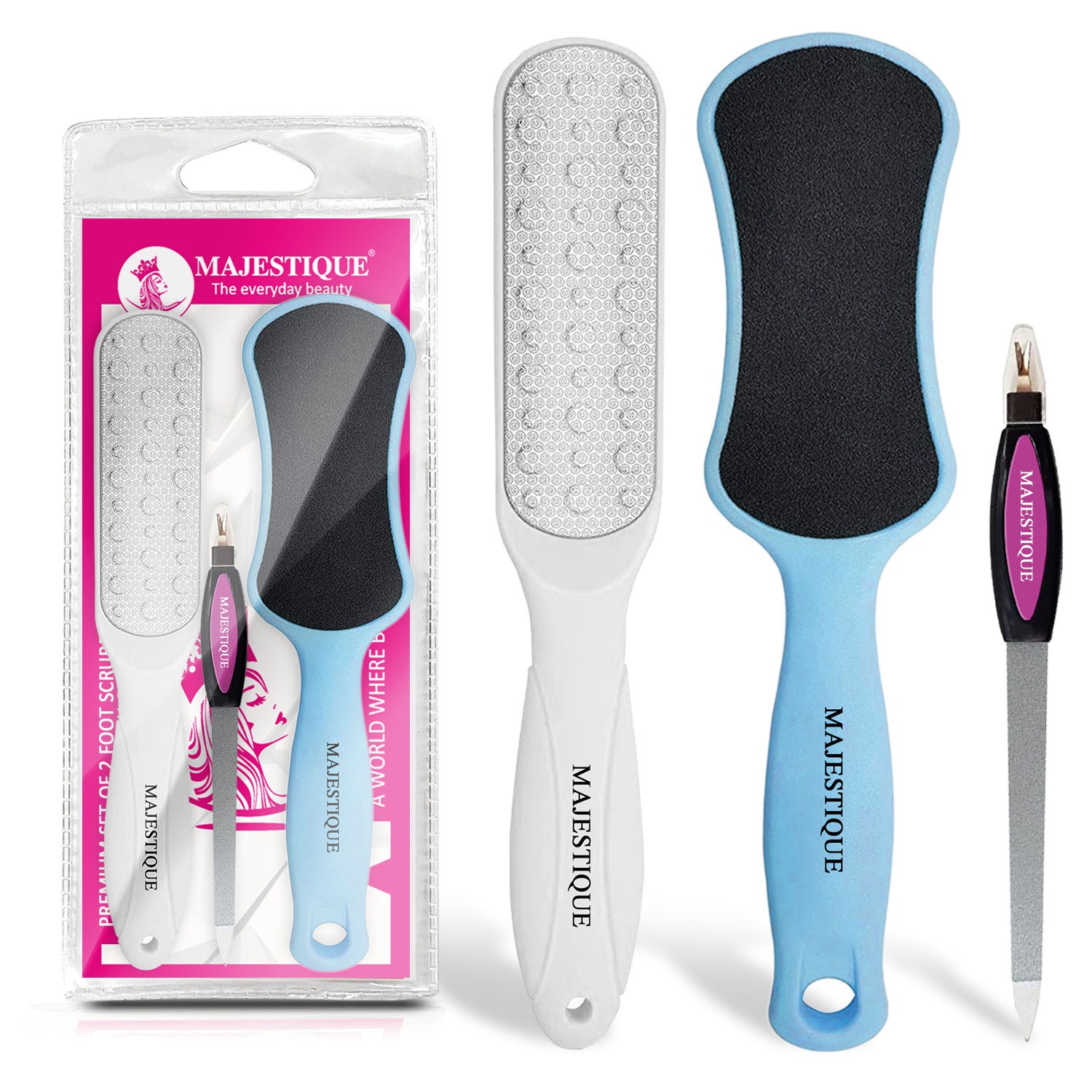Majestique Set of 2 Foot Scrubbers and Nail Filer with Cuticle Remover, Metal Surface Tool, Long Lasting Foot Filer Set - 3Pcs/Multicolor