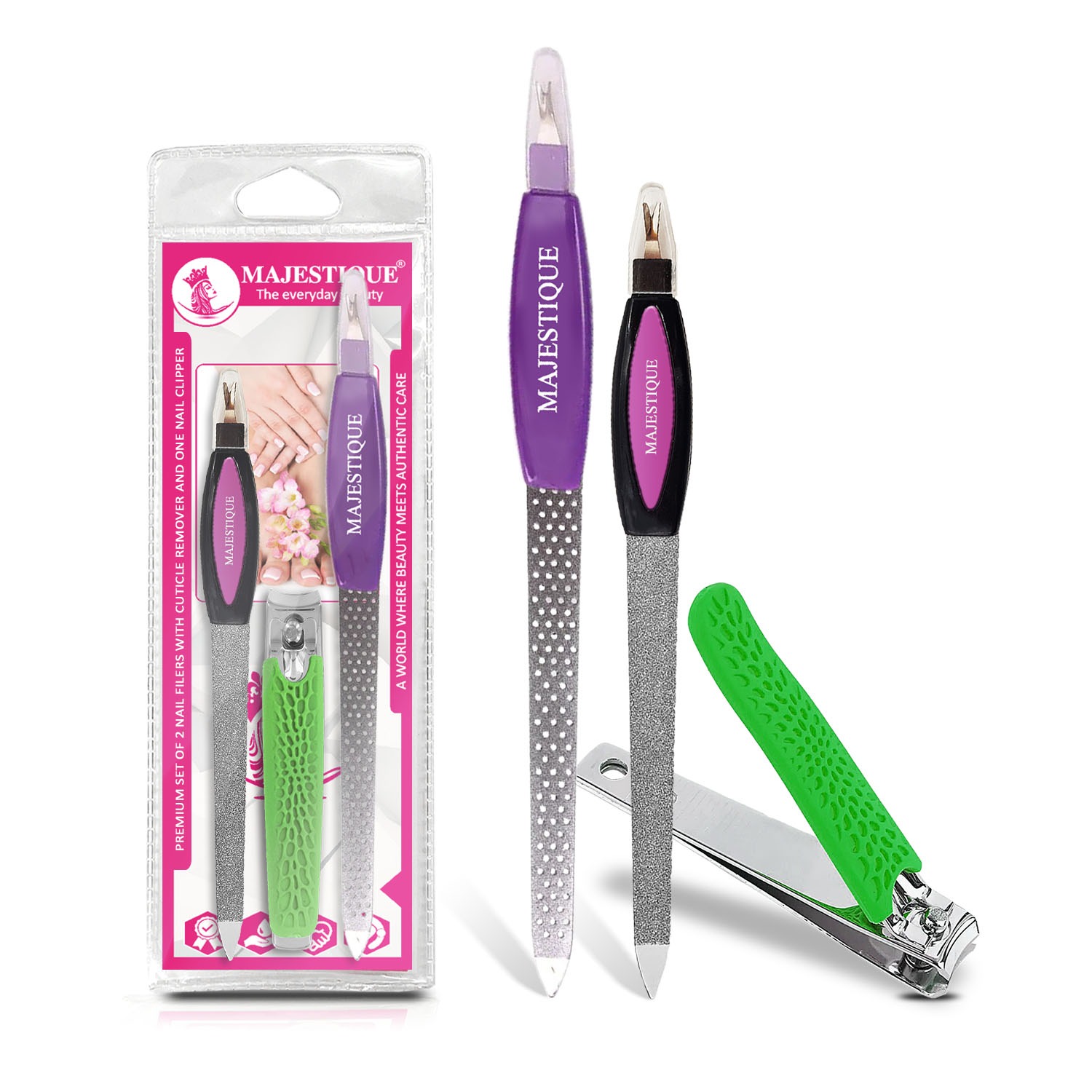 Majestique Nail Filers with Cuticle and Nail Clipper, Ultra Sharp Cutter, Manicure Pedicure Tools - 3Pcs/Multicolor