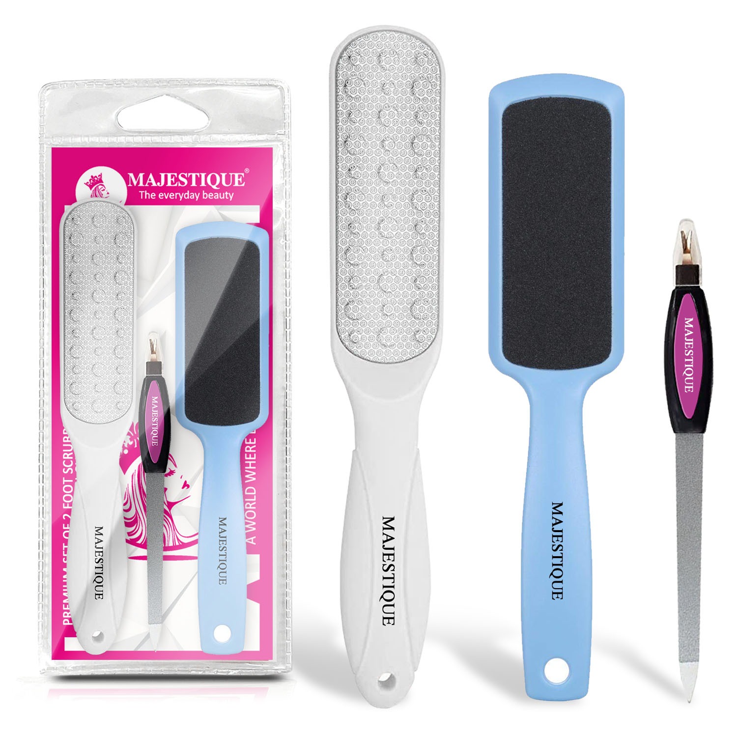 Majestique Double Sided Foot Scrubber Set with Nail Filer - 3Pcs/Multicolor
