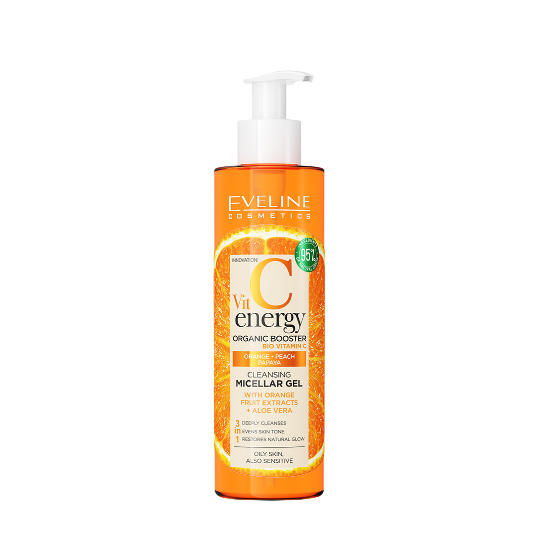 Eveline Cosmetics Vit C Energy Organic Booster Cleansing Micellar Gel With Orange Fruit Extracts & Aloe Vera 3 In 1 200Ml