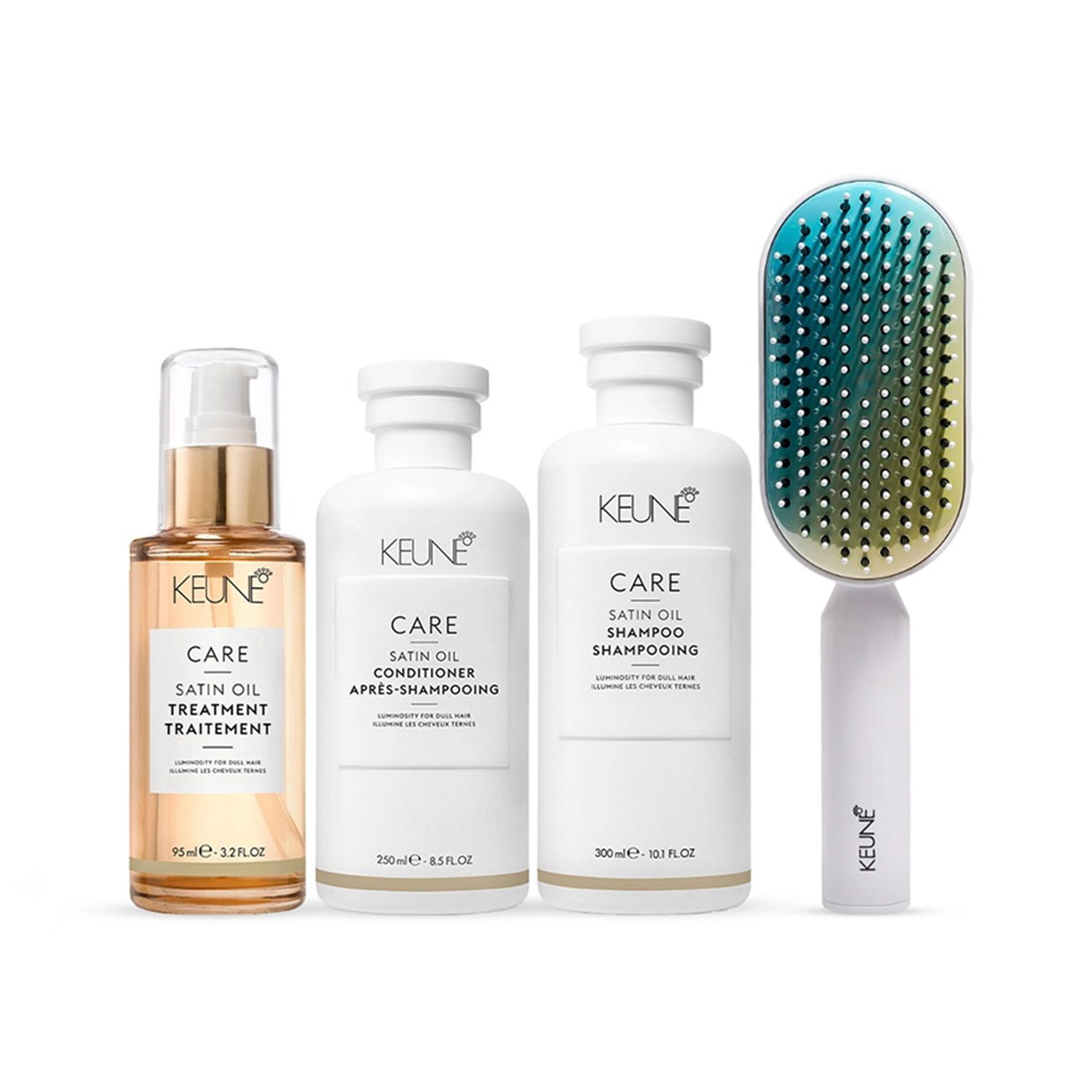 CARE Satin Oil Shampoo & Conditioner + Care Satin Oil Treatment with Keune Hair Professional Brush