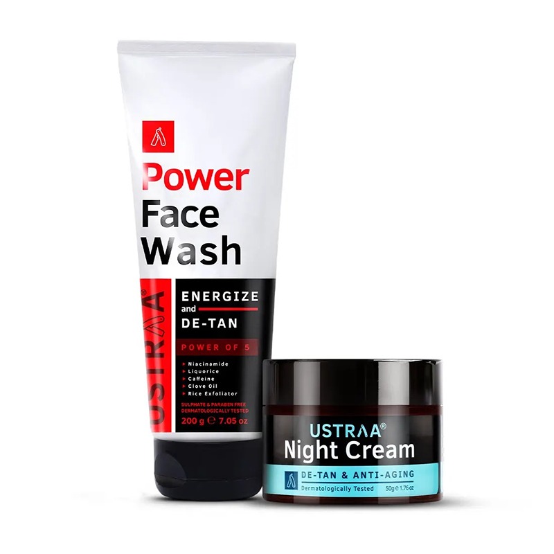 Ustraa Power Glow Pack (Power Face Wash Energize and De-Tan - 200g & Night Cream - De-tan and Anti-aging - 50g)