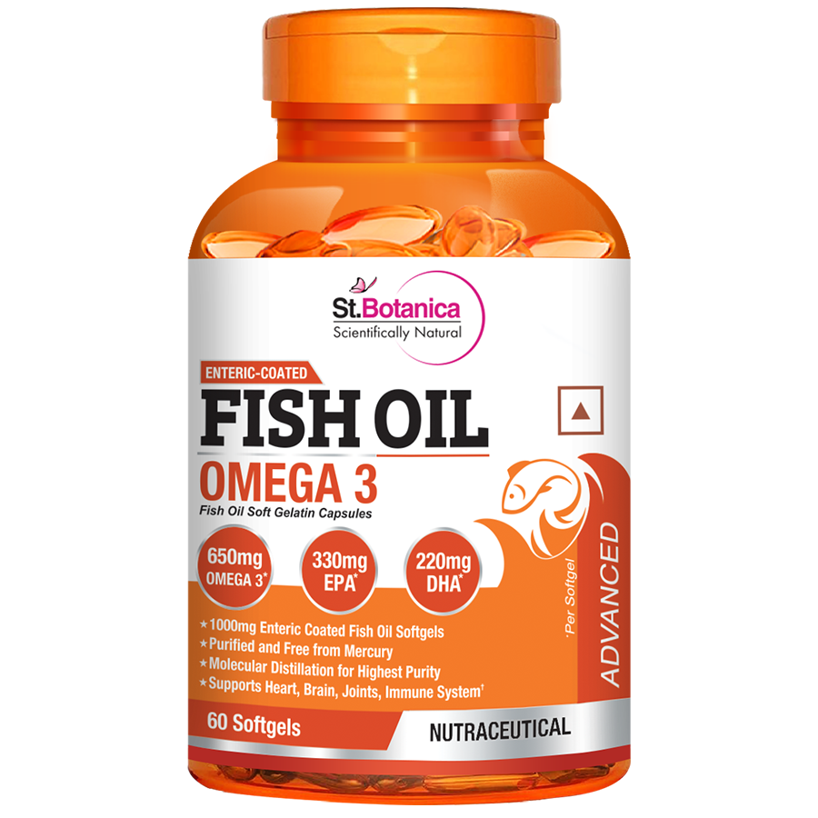 St.Botanica Fish Oil 1000mg Advanced Double Strength 650mg Omega 3 with 330mg EPA, 220mg DHA - 60 Enteric Coated Softgels
