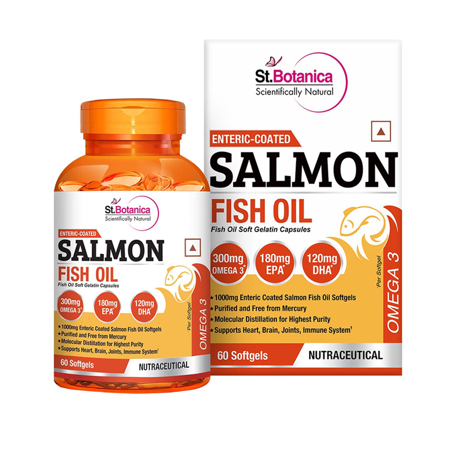 St.Botanica Salmon Fish Oil 1000mg; 300mg Omega-3 with 180mg EPA, 120mg DHA - 60 Enteric Coated Softgels