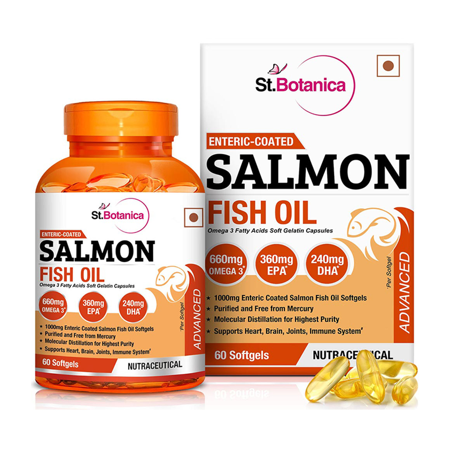 St.Botanica Salmon Fish Oil 1000mg Advanced Double Strength 660mg Omega 3 with 360mg EPA, 240mg DHA - 60 Enteric Coated Softgels
