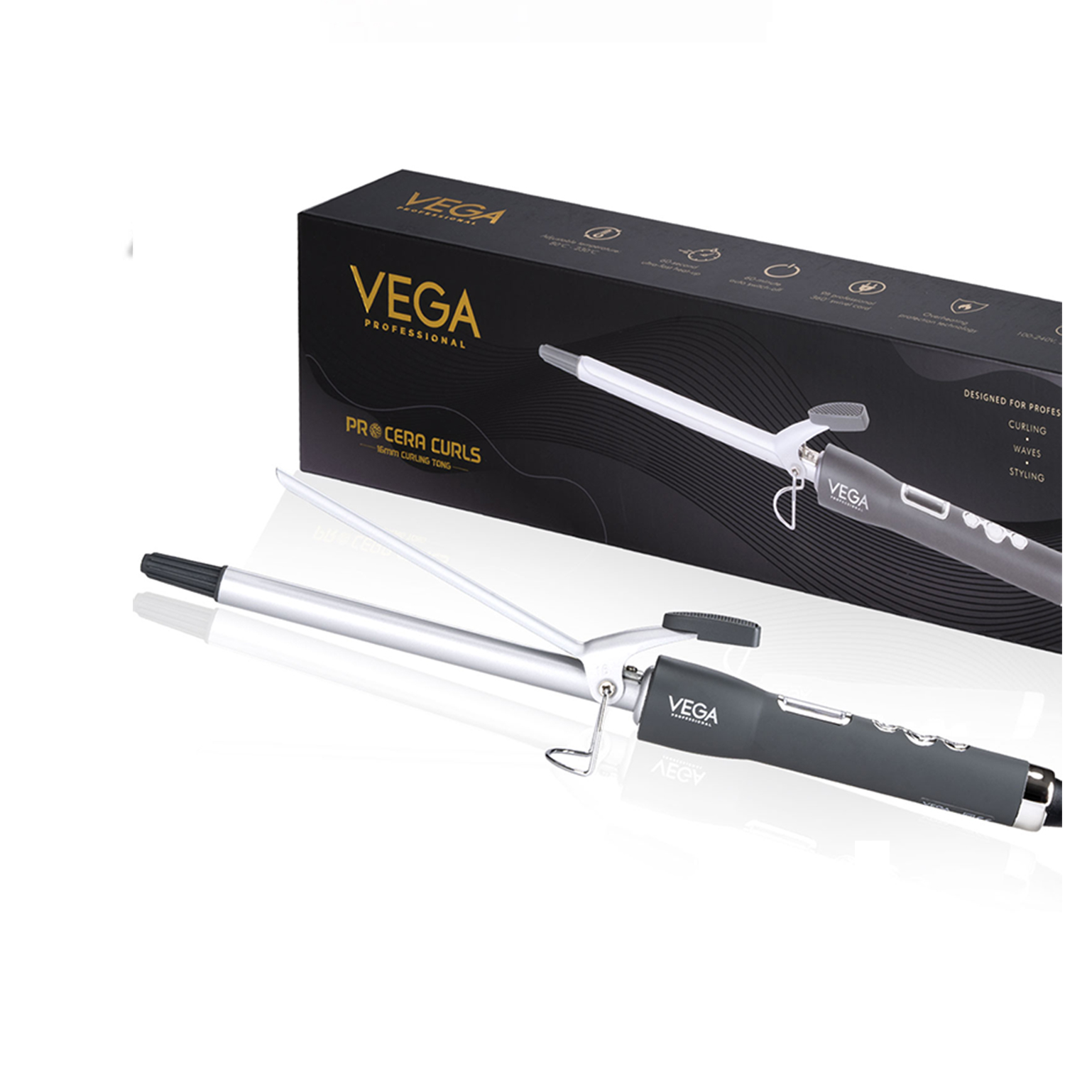 VEGA PROFESSIONAL Pro Cera Curls 16mm Barrel Hair Curler for Women with LCD Display, Adjustbale Temperature, Cool Clip, Ideal for Longlasting Tight Curler, (VPMCT-01)