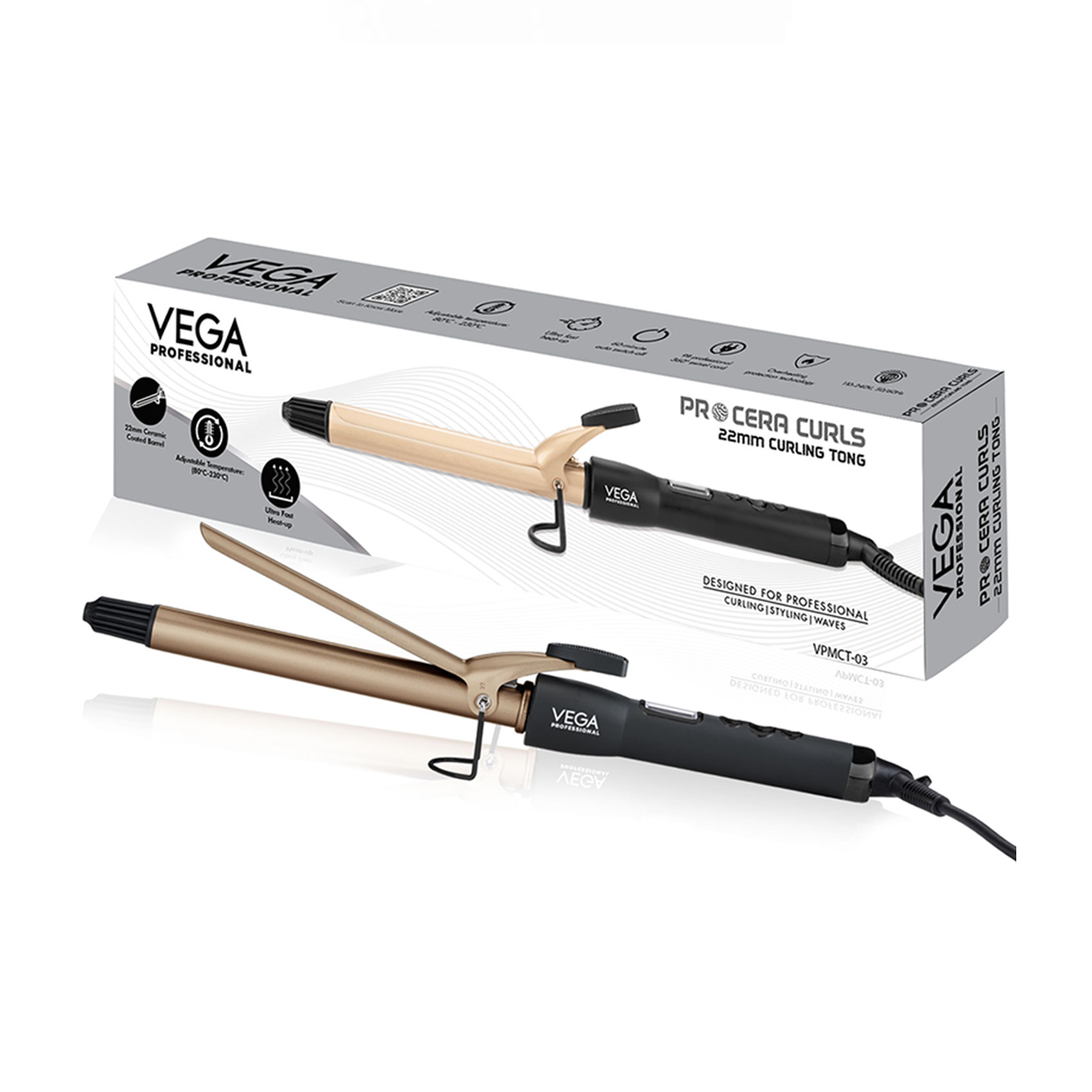 VEGA PROFESSIONAL Pro Cera Curls 22mm Barrel Hair Curler for Women with LCD Display, Adjustbale Temperature, Cool Clip, Ideal for Longlasting Tight Curler, (VPMCT-03)