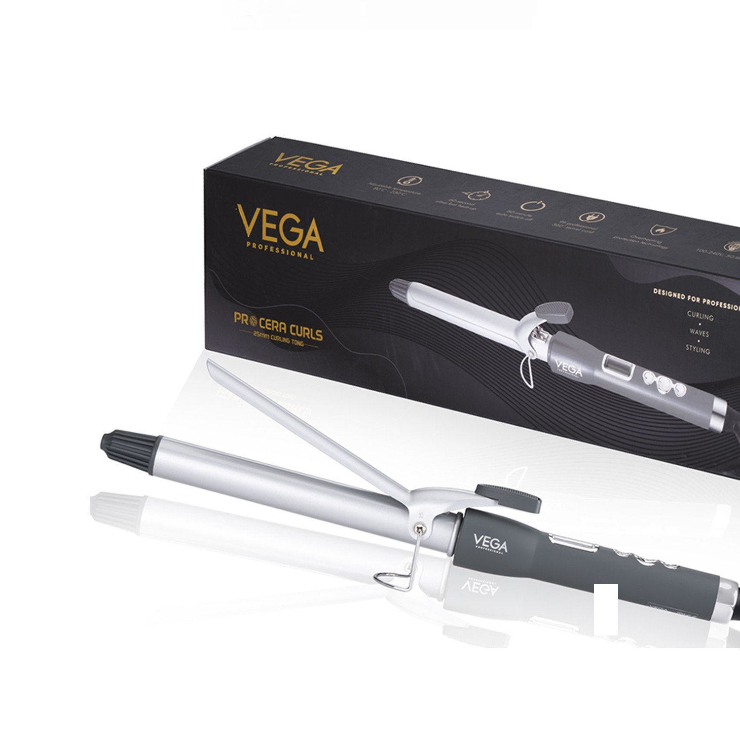 VEGA PROFESSIONAL Pro Cera Curls 25mm Barrel Hair Curler for Women with LCD Display, Adjustbale Temperature, Cool Clip, Ideal for Longlasting Tight Curler, (VPMCT-04)