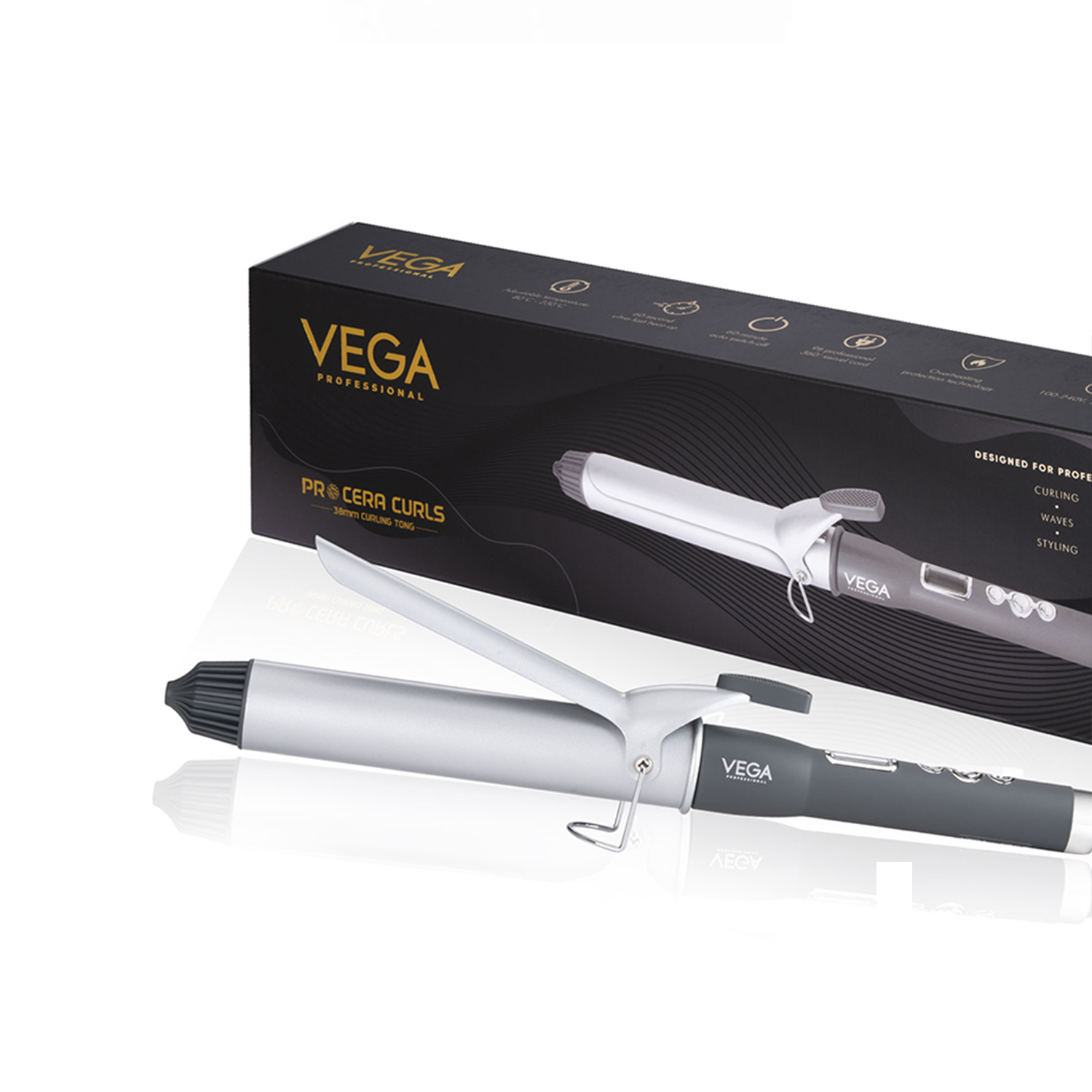 VEGA PROFESSIONAL Pro Cera Curls 38mm Barrel Hair Curler for Women with LCD Display, Adjustbale Temperature, Cool Clip, Ideal for Longlasting Tight Curler, (VPMCT-06)