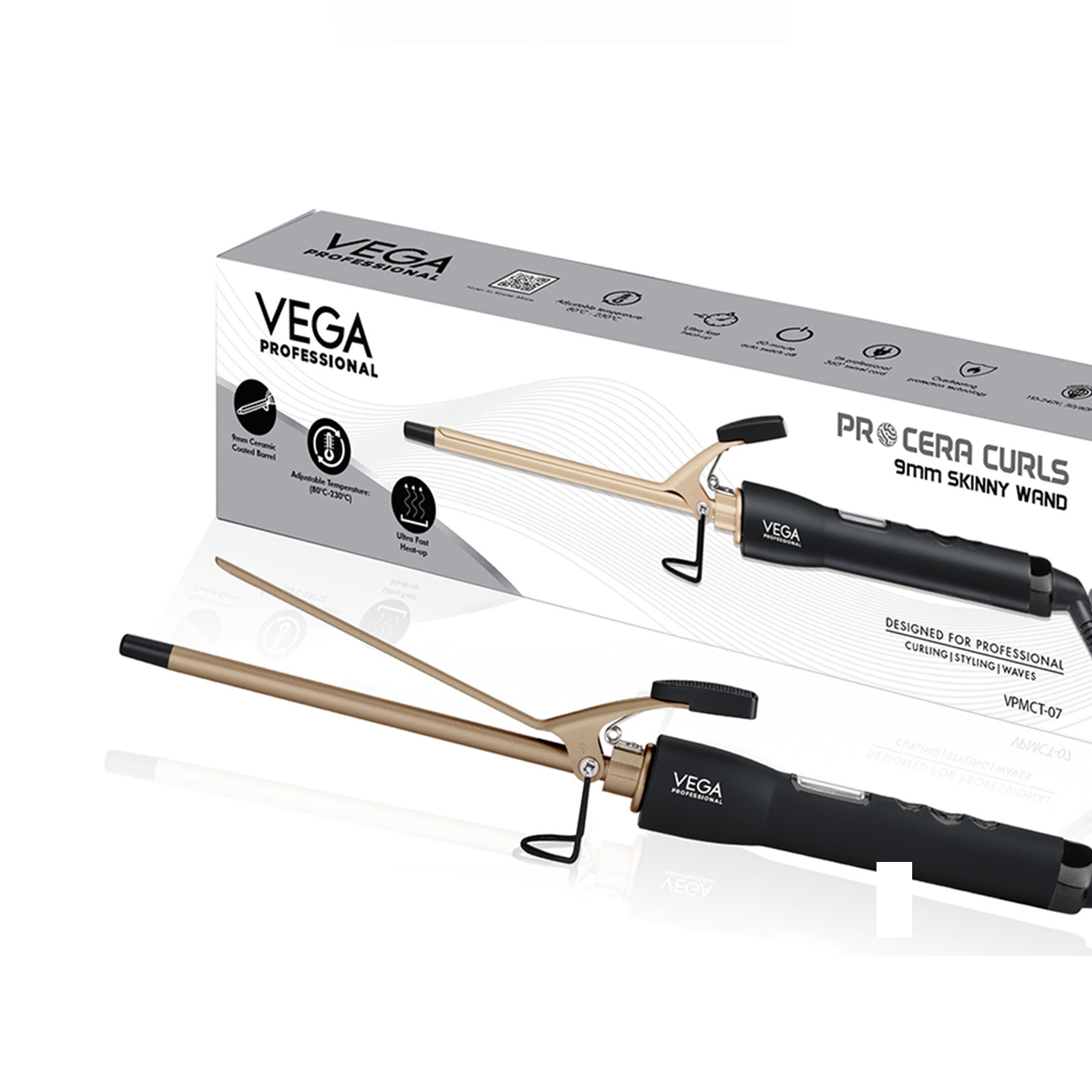 VEGA PROFESSIONAL Pro Cera Curls 9mm Barrel Hair Curler with LCD Display, Ultra Fast Heatup, Adjustable Temperature for Long Lasting Curls, Salon, (VPMCT-07)