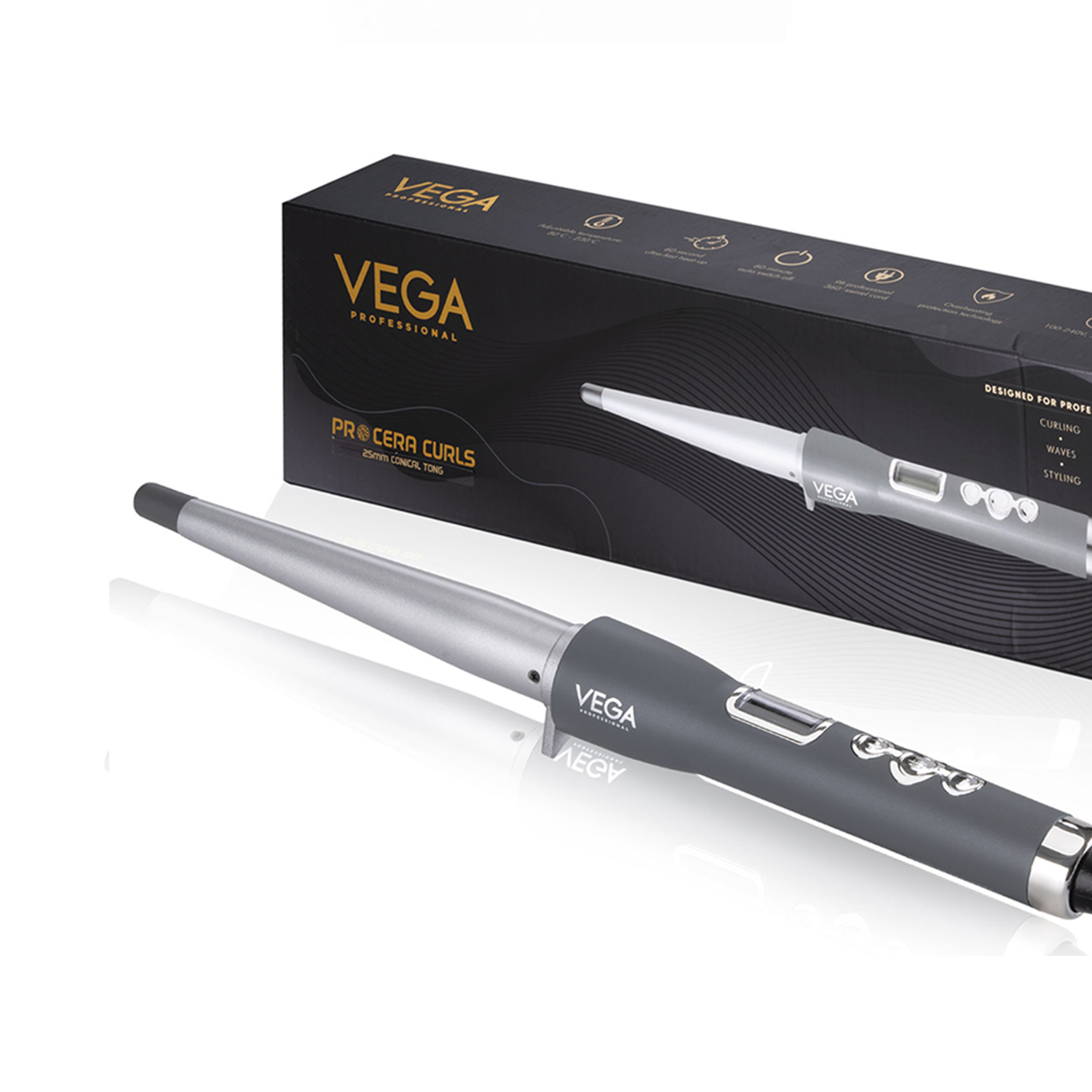 VEGA PROFESSIONAL Pro Cera Curls 19-25mm Conical Hair Curler with Adjustable Temperature, Cool Tip, LCD Display, 60 Sec Ultra Fast Heatup for Hair Styler, Salon, (VPMCT-08)