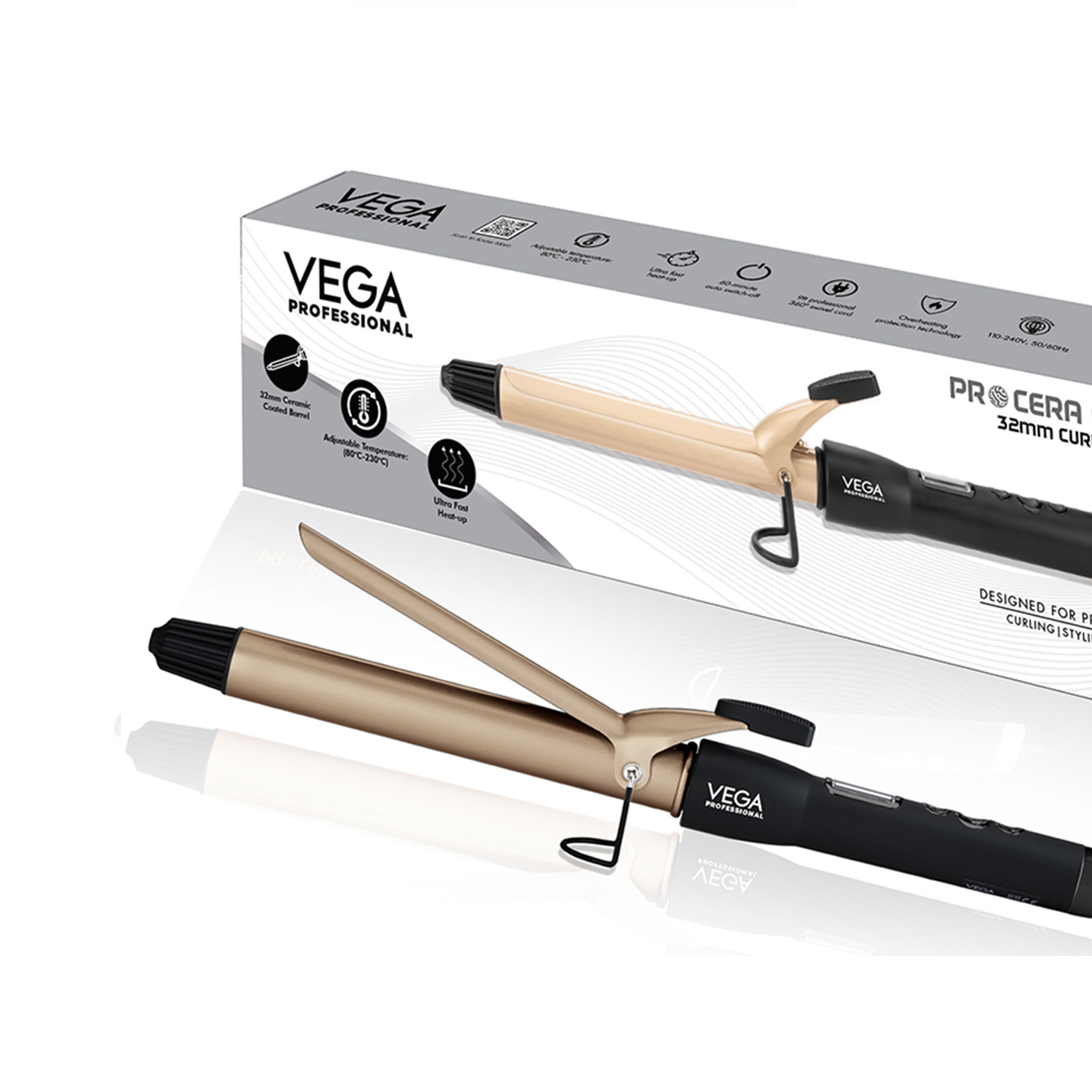 VEGA PROFESSIONAL Pro Cera Curls 32MM Curling Tong for Women with Ceramic Coated Barrel, LCD Display, Adjustbale Temperature, Ultra Fast Heat-up, Cool Clip, Ideal for Longlasting Curls, (VPMCT-09)