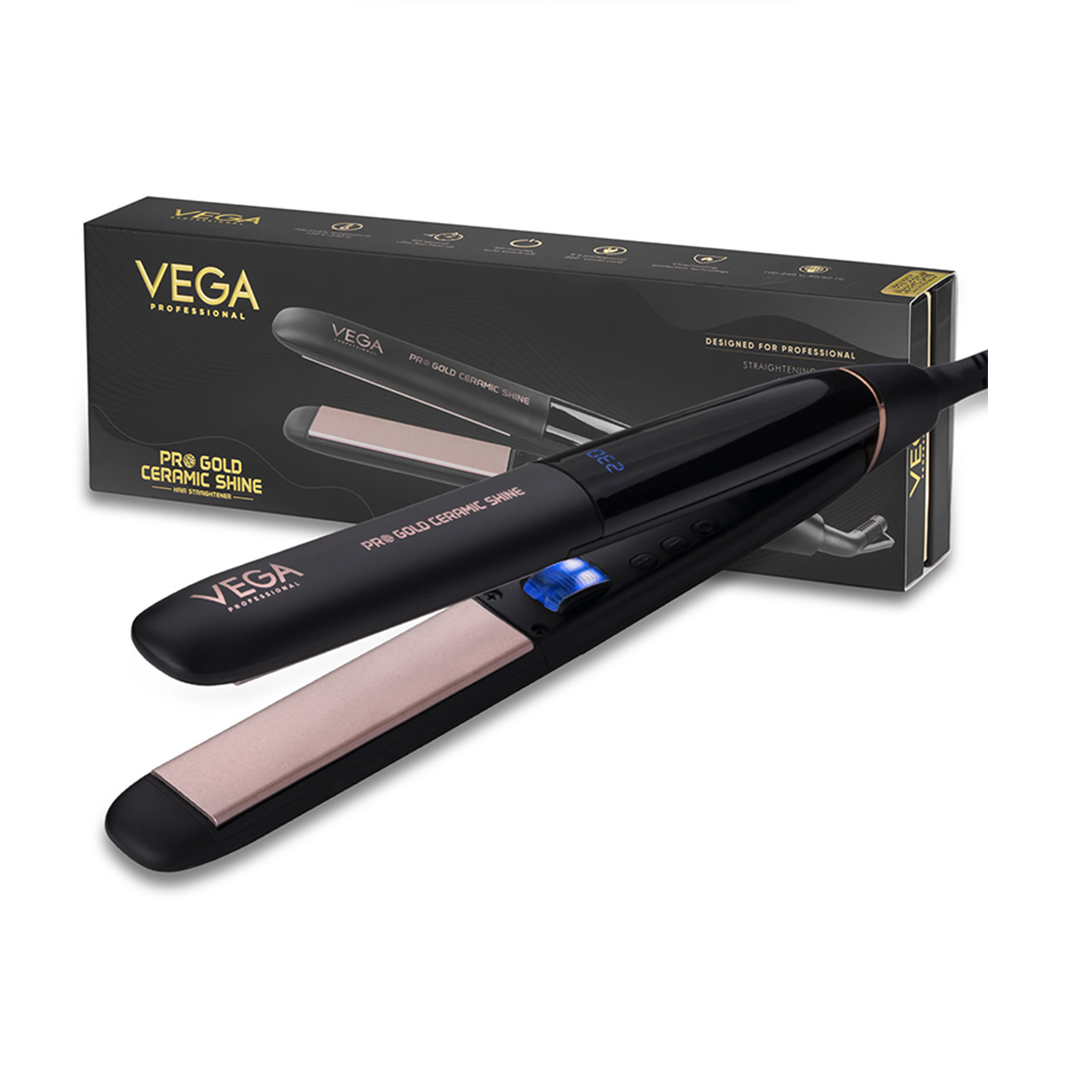 VEGA PROFESSIONAL Pro Gold Ceramic Shine Hair Straightener for Professional and Home Hair Straightening | Ceramic Floating Plates, Black (VPMHS-08)
