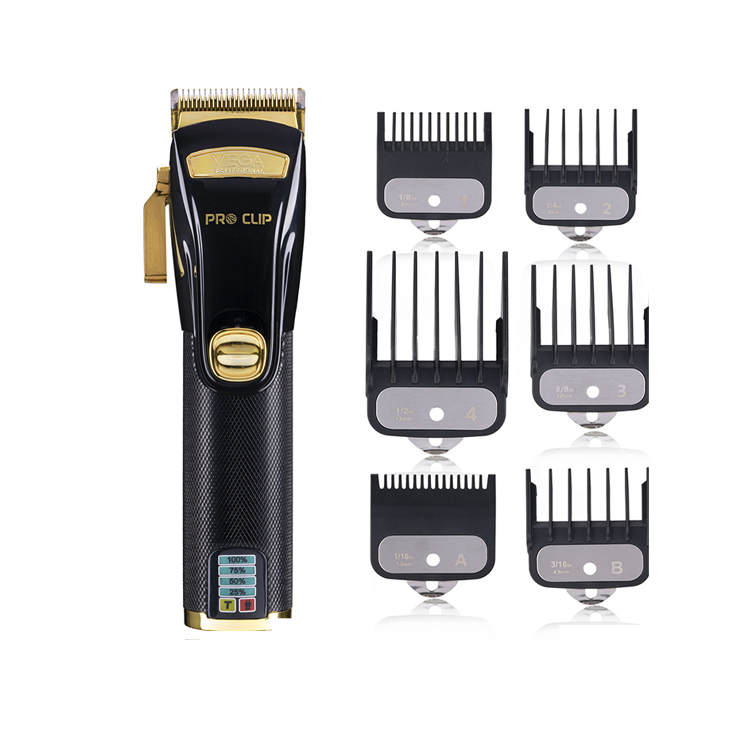 VEGA PROFESSIONAL Pro Clip Hair Clipper with Stainless Steel Taper Blade, 6000-6500 RPM Motor, 240 mins Runtime, Quick Charge 180 min, Cord & Cordless Use, 6 Comb Attachment for Salon, (VPPHC-06)