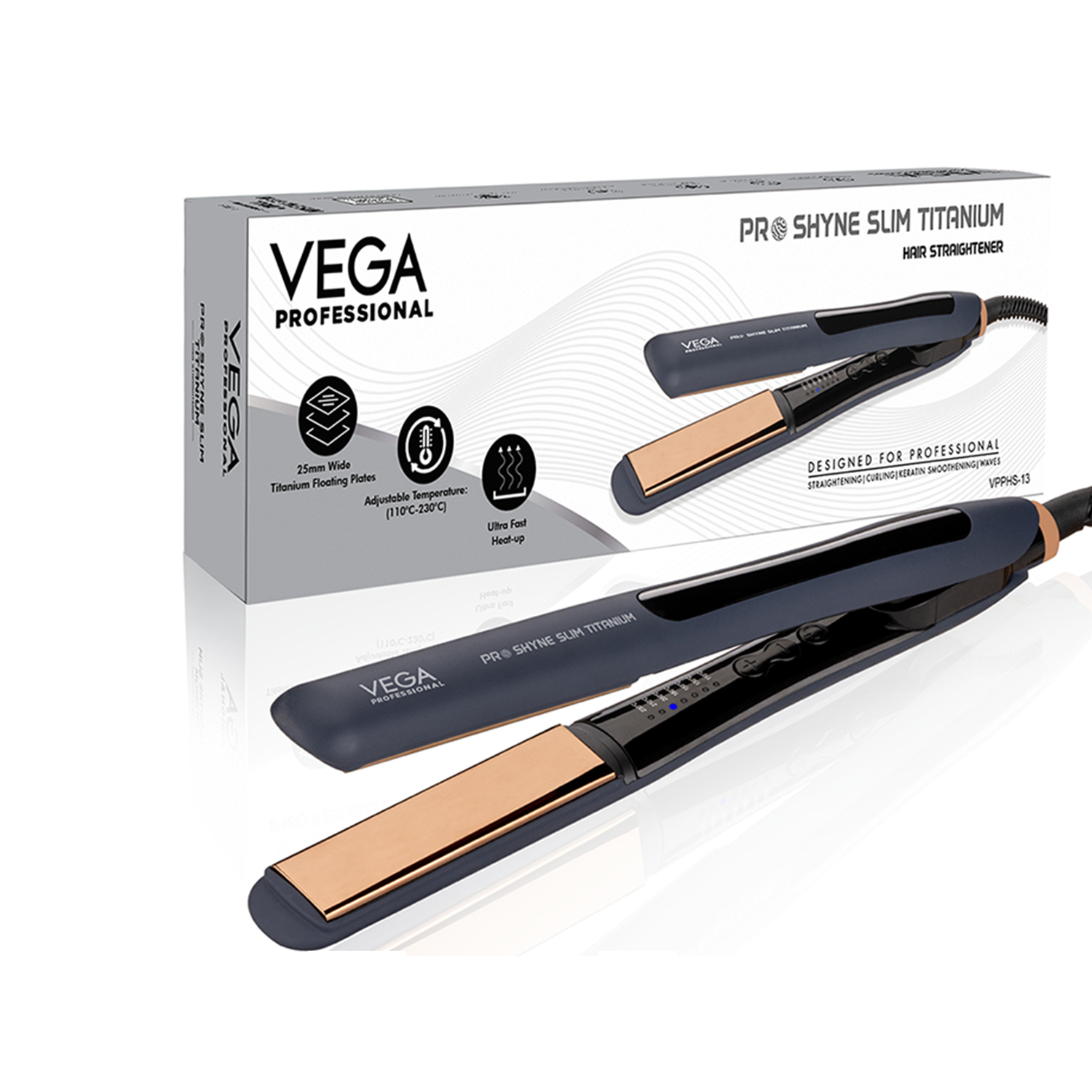VEGA PROFESSIONAL Pro-Shine Slim Titanium Hair Straightener with 25mm Wide Rose Gold Titanium Floating Plates for Salon, Blue, (VPPHS-13)