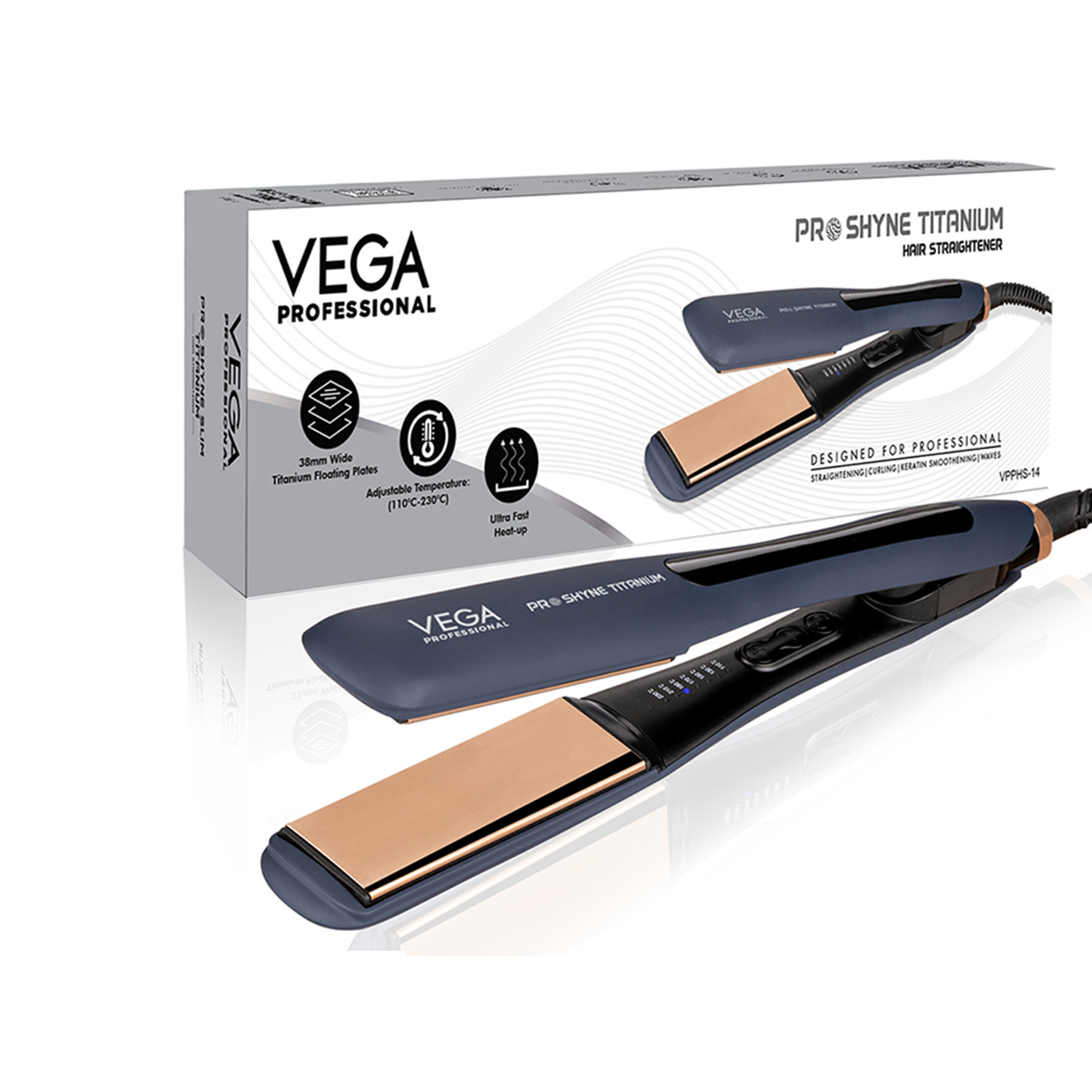 VEGA PROFESSIONAL Pro-Shine Titanium Hair Straightener with 38mm Wide Rose Gold Titanium Floating Plates for Salon, Blue, (VPPHS-14)
