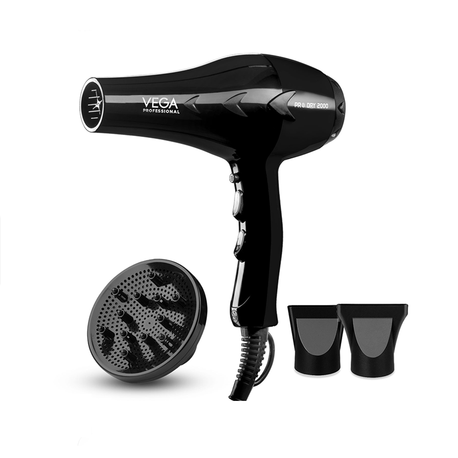 VEGA PROFESSIONAL Pro Dry 2000 Watts Hair Dryer with Diffuser & Nozzle attachments for Salon Professionals & Every Day Styling at Home| Cool Shot Button and 3 Heat & 2 Speed Settings, Black, (VPVHD-13)