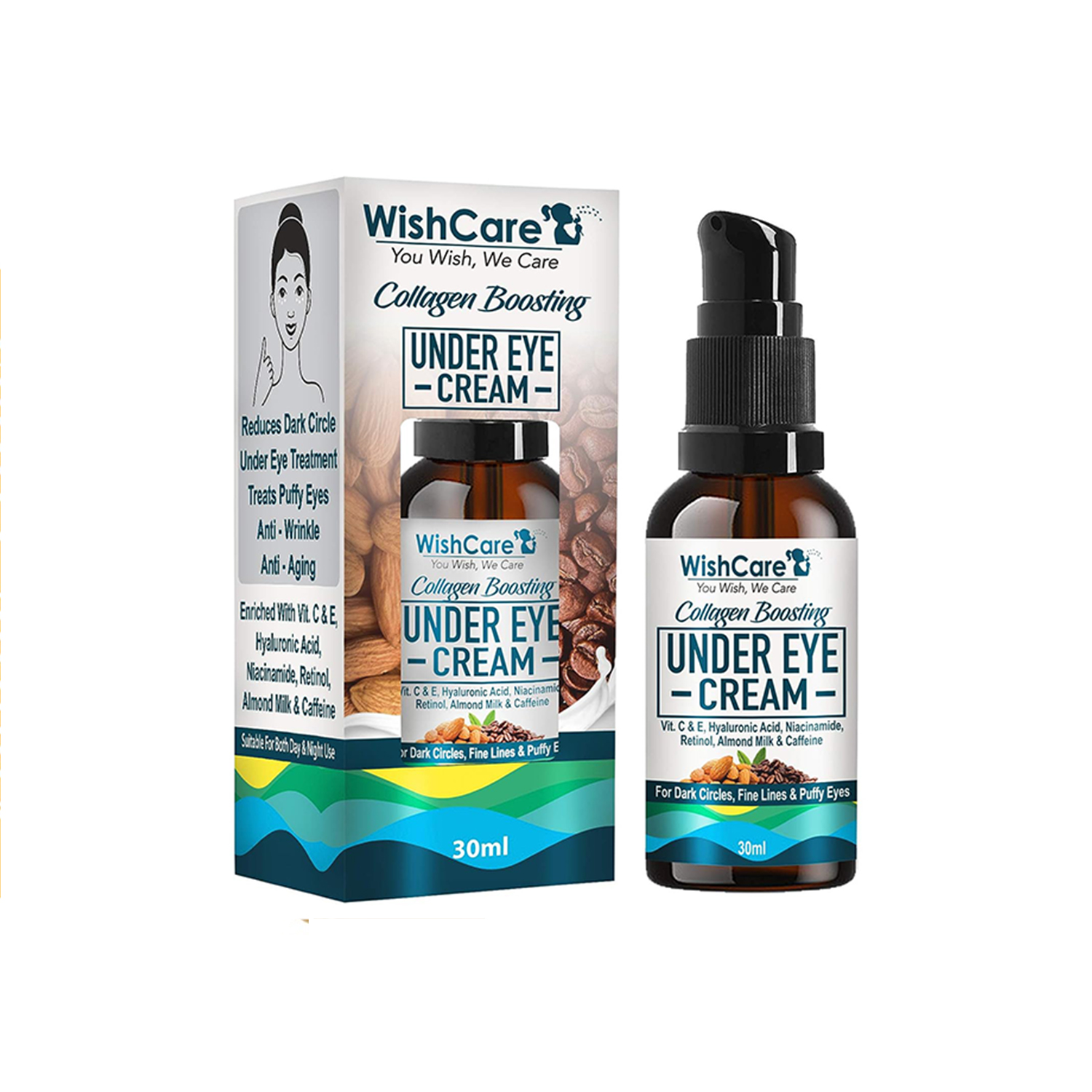 WishCare Collagen Boosting Under Eye Cream For Dark Circle, Puffy Eyes & Wrinkles - Coffee & Almond (30ml)